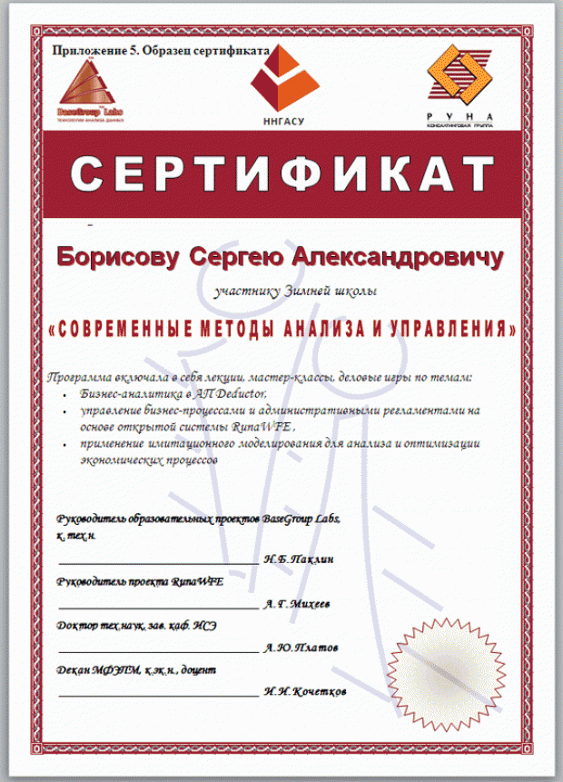 Сертификат участника  Образец сертификата участника Зимней школы